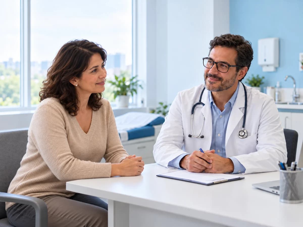 Imagem ilustrativa de médico com óculos conversando com uma paciente em consulta de clínico geral